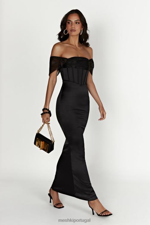 Meshki Everly vestido maxi de organza com ombro de fora e cetim BLLT430 roupas preto