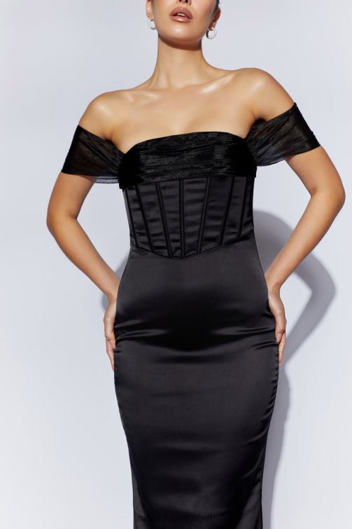 Meshki Everly vestido maxi de organza com ombro de fora e cetim BLLT430 roupas preto