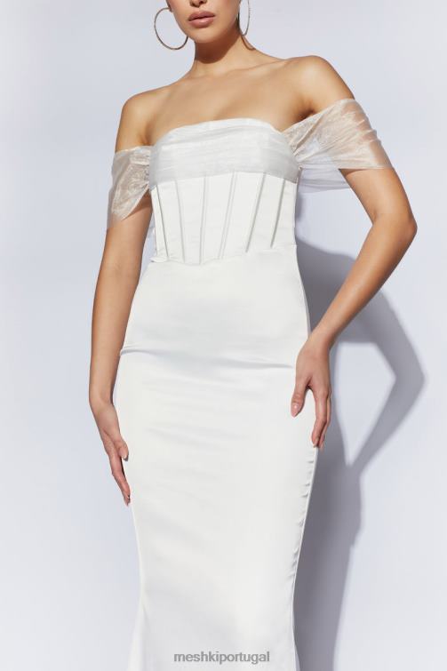 Meshki Everly vestido maxi de organza com ombro de fora e cetim BLLT506 roupas branco