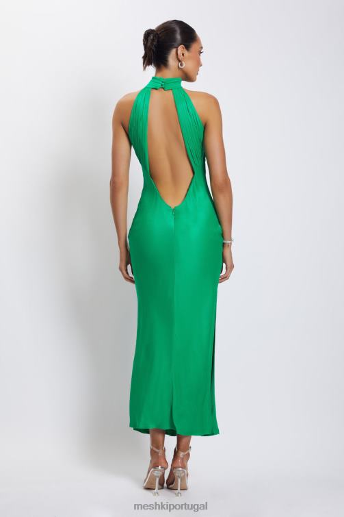 Meshki vestido maxi claire de cetim drapeado nas costas com divisão BLLT37 roupas verde