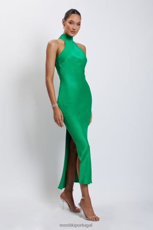 Meshki vestido maxi claire de cetim drapeado nas costas com divisão BLLT37 roupas verde