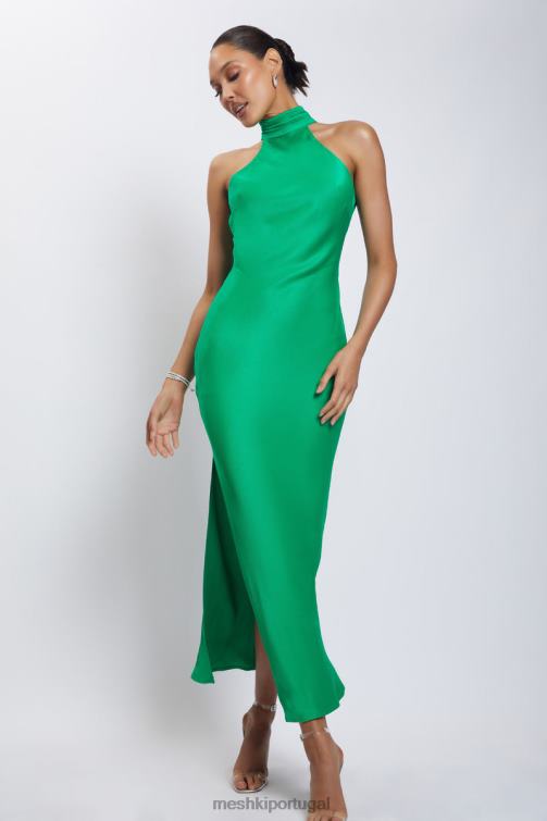 Meshki vestido maxi claire de cetim drapeado nas costas com divisão BLLT37 roupas verde