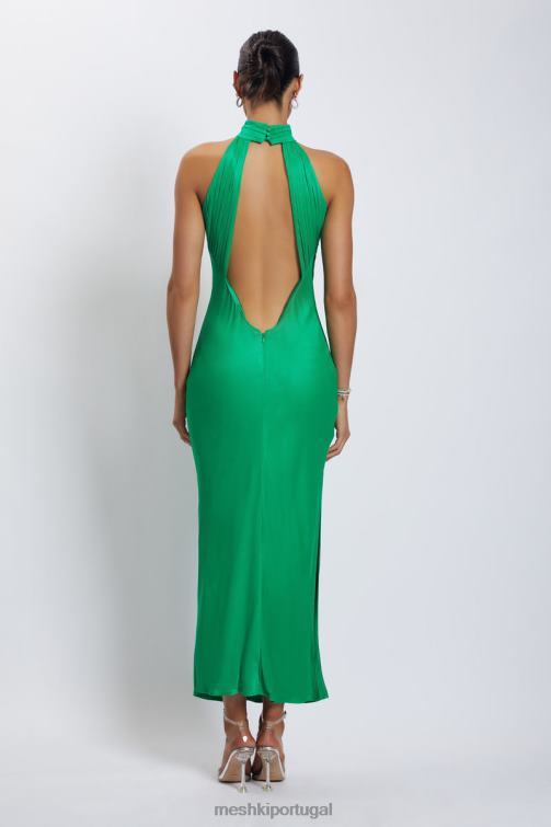 Meshki vestido maxi claire de cetim drapeado nas costas com divisão BLLT37 roupas verde