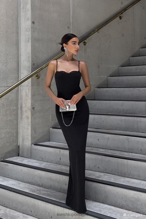 Meshki vestido maxi com acabamento em renda amorette BLLT287 roupas preto