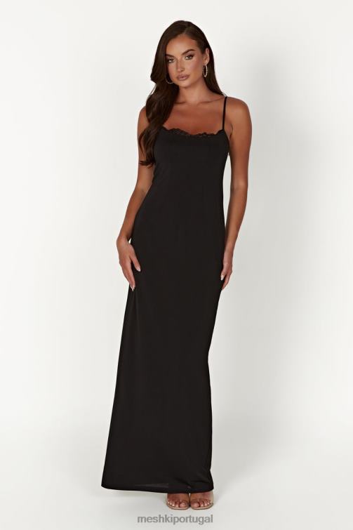 Meshki vestido maxi com acabamento em renda amorette BLLT287 roupas preto