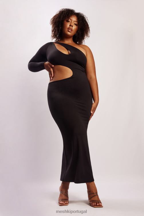 Meshki vestido maxi com recorte de ombro único joyce BLLT478 roupas preto