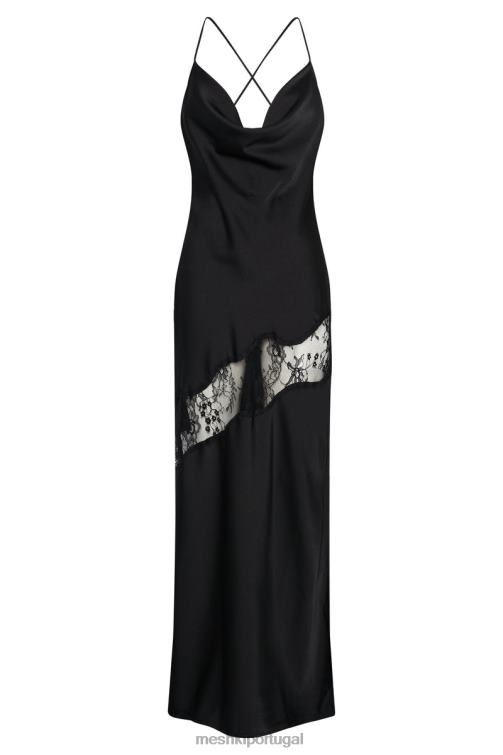 Meshki vestido maxi de cetim com detalhe de renda chandra BLLT179 roupas preto