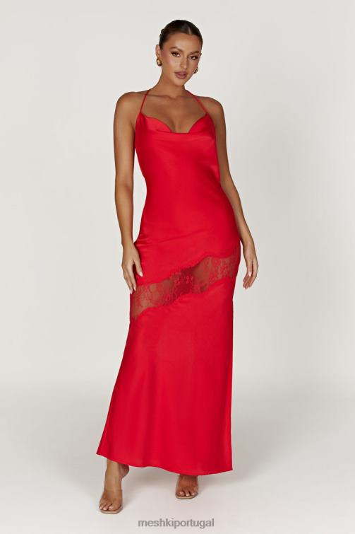 Meshki vestido maxi de cetim com detalhe de renda chandra BLLT283 roupas vermelho
