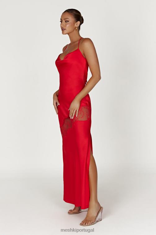 Meshki vestido maxi de cetim com detalhe de renda chandra BLLT283 roupas vermelho