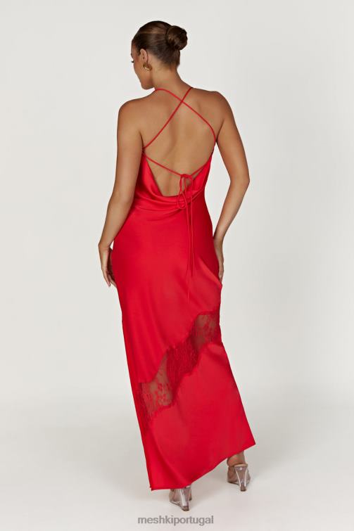 Meshki vestido maxi de cetim com detalhe de renda chandra BLLT283 roupas vermelho