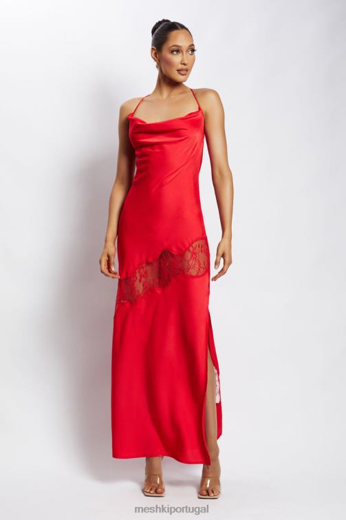 Meshki vestido maxi de cetim com detalhe de renda chandra BLLT283 roupas vermelho
