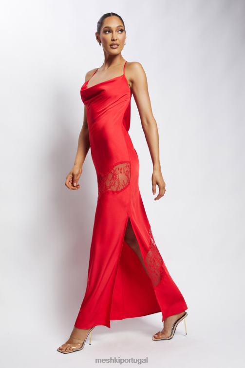 Meshki vestido maxi de cetim com detalhe de renda chandra BLLT283 roupas vermelho