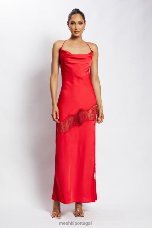 Meshki vestido maxi de cetim com detalhe de renda chandra BLLT283 roupas vermelho