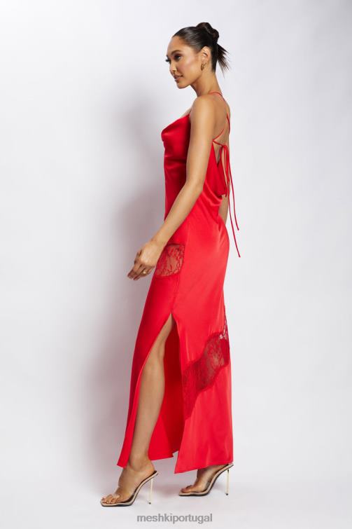 Meshki vestido maxi de cetim com detalhe de renda chandra BLLT283 roupas vermelho