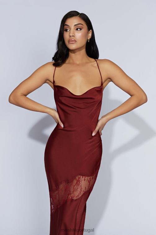 Meshki vestido maxi de cetim com detalhe de renda chandra BLLT85 roupas chocolate cereja