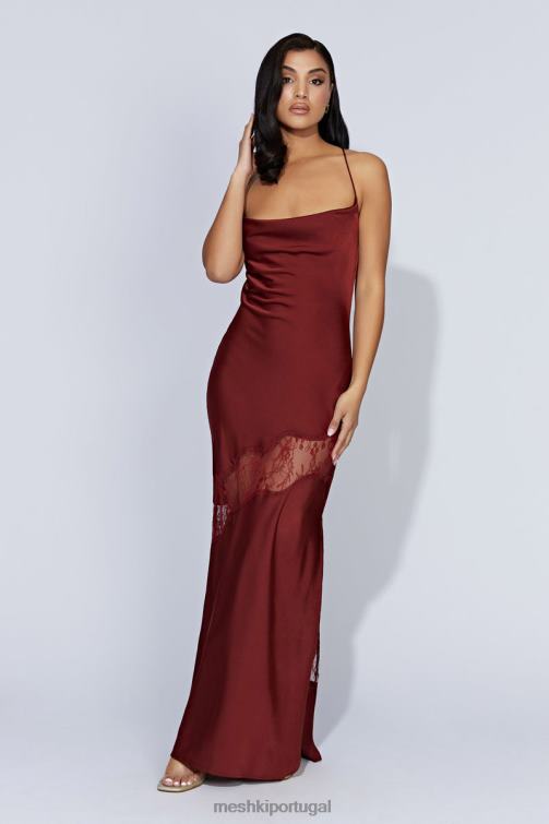 Meshki vestido maxi de cetim com detalhe de renda chandra BLLT85 roupas chocolate cereja