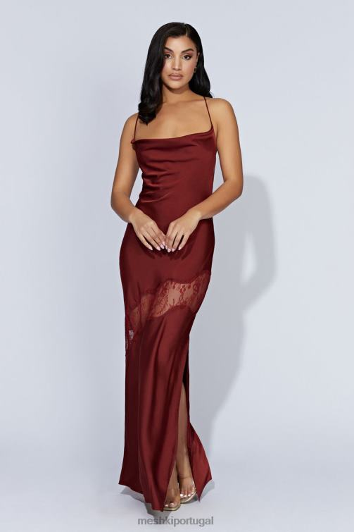 Meshki vestido maxi de cetim com detalhe de renda chandra BLLT85 roupas chocolate cereja