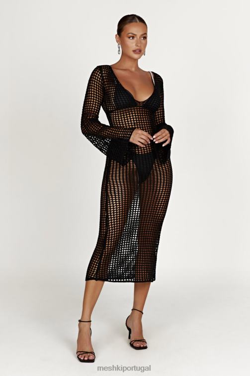 Meshki vestido maxi de crochê manga longa murphy BLLT740 roupas preto