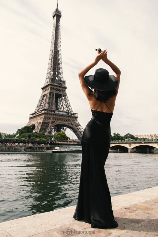 Meshki vestido maxi frente única em cetim avery BLLT444 roupas preto