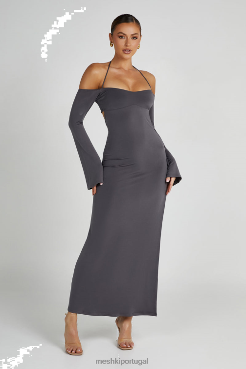 Meshki vestido maxi justo ombro a ombro tia BLLT99 roupas carvão