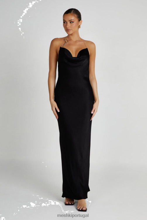 Meshki vestido maxi melissa com capuz frontal em cetim BLLT95 roupas preto