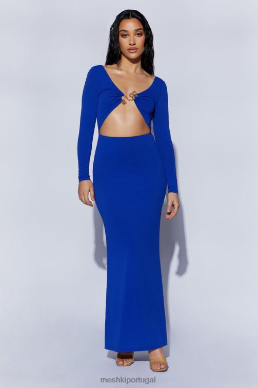 Meshki vestido maxi recortado mehlika com ferragens BLLT620 roupas azul persa