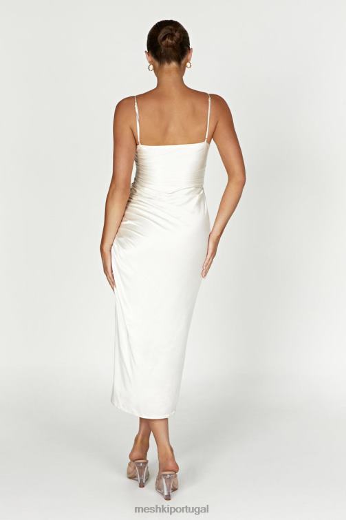 Meshki vestido midi claudette com drapeado em cetim BLLT567 roupas marfim