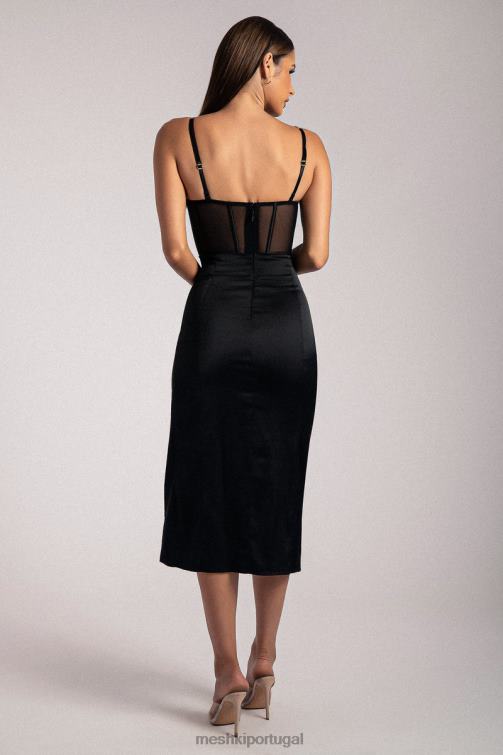 Meshki vestido midi com alça de corrente e espartilho dividido lateral talisa BLLT382 roupas preto