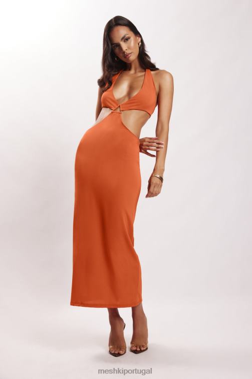 Meshki vestido midi com decote halter natalie BLLT714 roupas laranja queimado