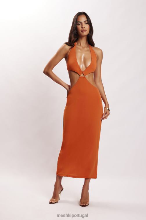 Meshki vestido midi com decote halter natalie BLLT714 roupas laranja queimado