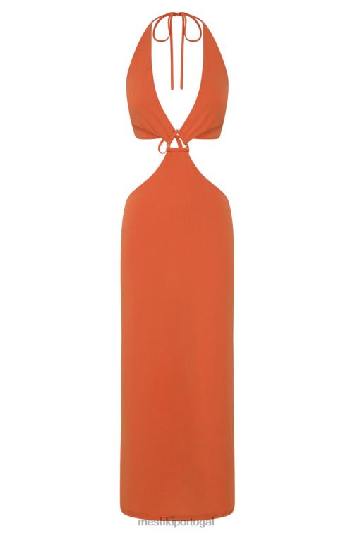 Meshki vestido midi com decote halter natalie BLLT714 roupas laranja queimado