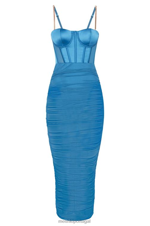 Meshki vestido midi com espartilho de malha e cetim tiarne BLLT646 roupas azul marinho