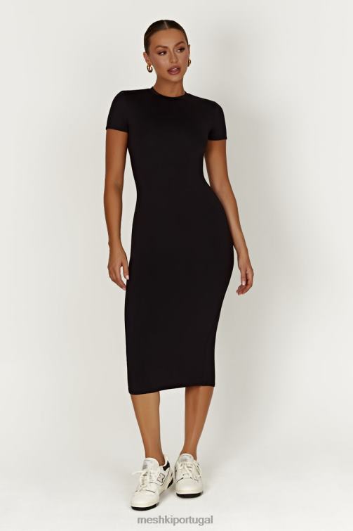 Meshki vestido midi de manga curta em nylon reciclado Penny BLLT349 roupas preto