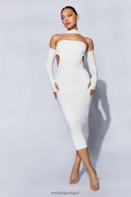Meshki vestido midi demie com decote e luvas sem dedos BLLT704 roupas branco