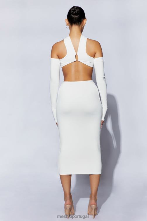 Meshki vestido midi demie com decote e luvas sem dedos BLLT704 roupas branco