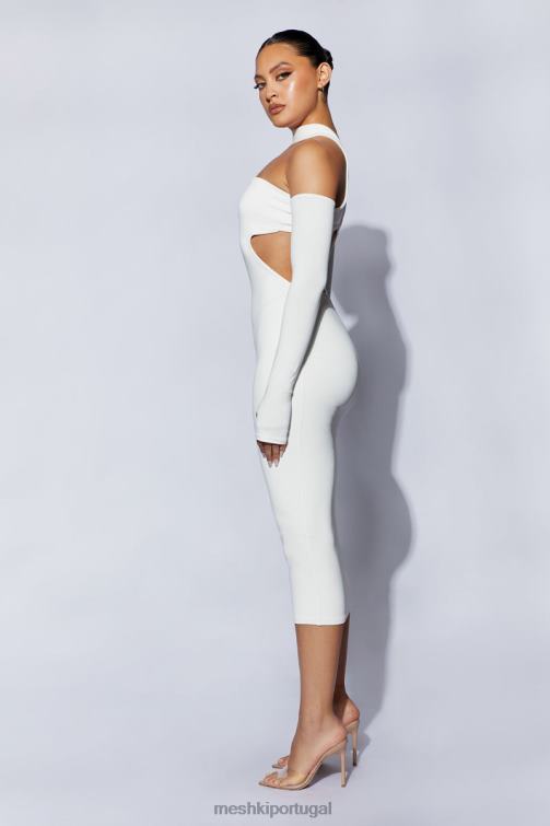 Meshki vestido midi demie com decote e luvas sem dedos BLLT704 roupas branco