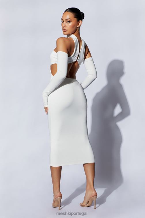 Meshki vestido midi demie com decote e luvas sem dedos BLLT704 roupas branco