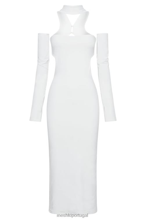 Meshki vestido midi demie com decote e luvas sem dedos BLLT704 roupas branco