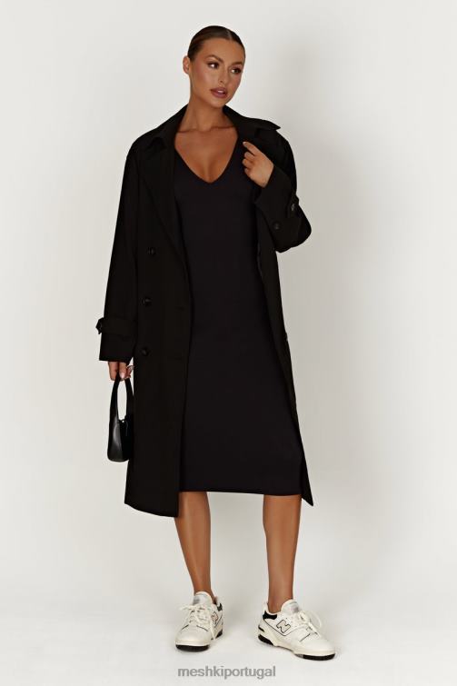 Meshki vestido midi em nylon reciclado gretel com decote em V BLLT310 roupas preto