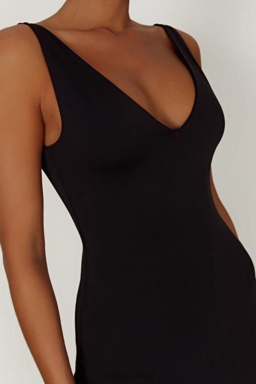 Meshki vestido midi em nylon reciclado gretel com decote em V BLLT310 roupas preto