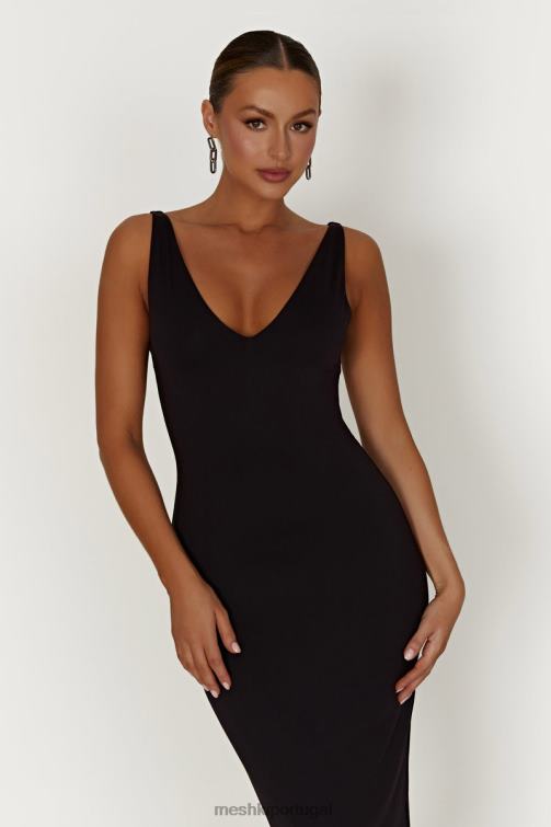 Meshki vestido midi em nylon reciclado gretel com decote em V BLLT310 roupas preto