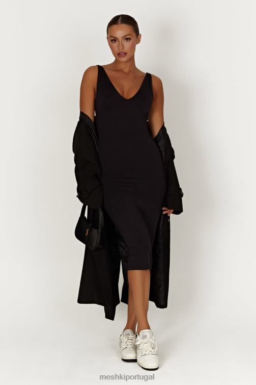 Meshki vestido midi em nylon reciclado gretel com decote em V BLLT310 roupas preto