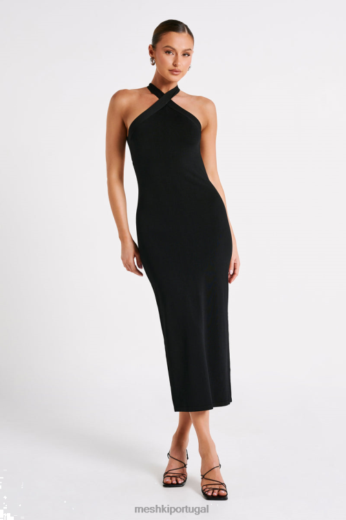 Meshki vestido midi sarai com decote halter em tricô BLLT48 roupas preto