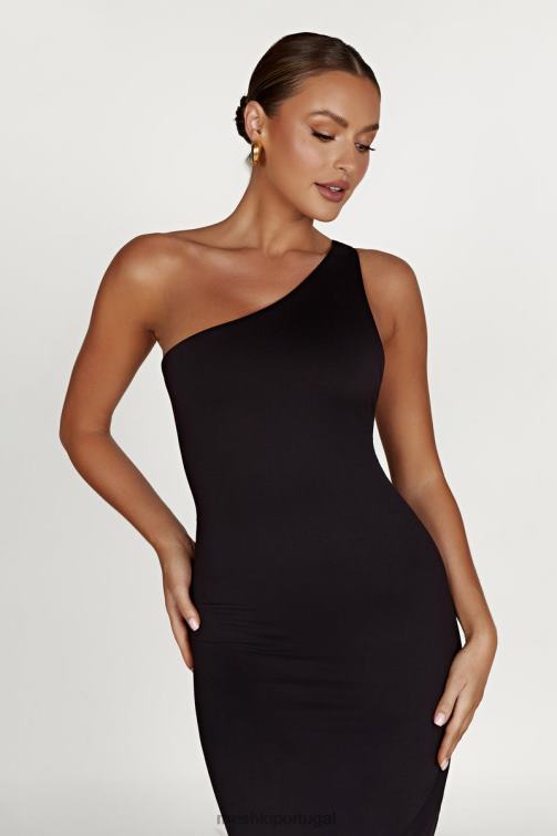Meshki vestido midi teagan de nylon reciclado com um ombro só BLLT501 roupas preto