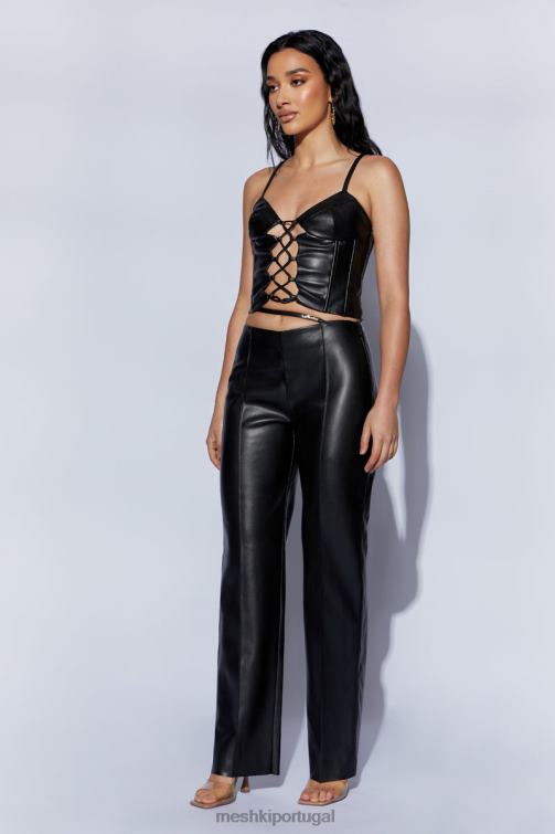 Meshki calça pu zarsa com perna larga e cintura média BLLT1443 roupas preto