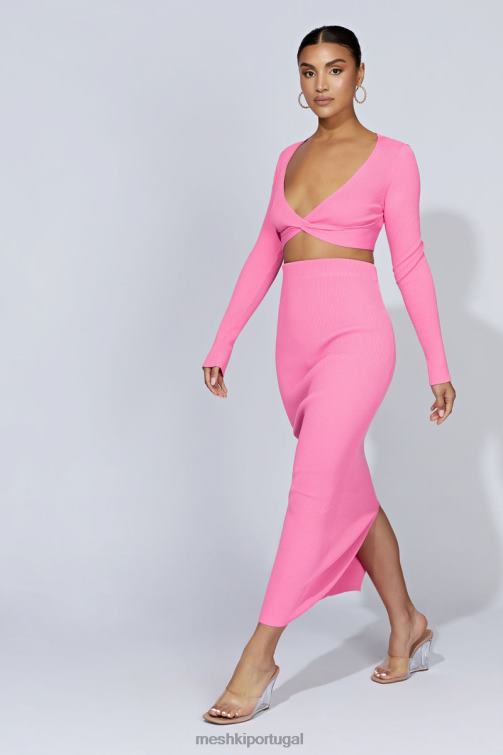 Meshki saia maxi de malha kaesha dividida BLLT1417 roupas rosa chiclete