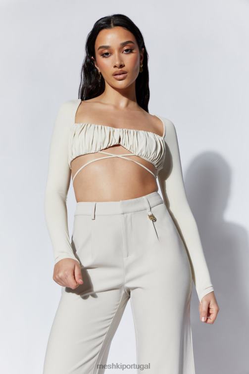 Meshki Geesou blusa com busto franzido manga longa e gravata BLLT1082 roupas trigo