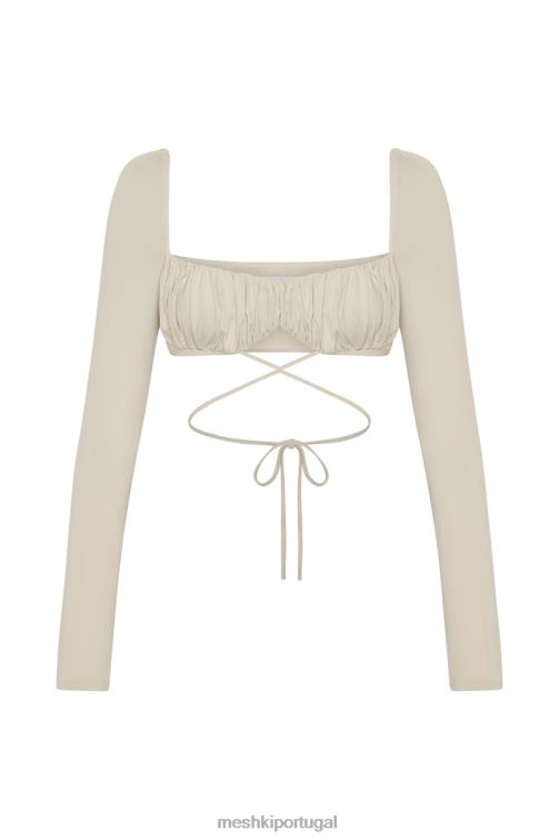 Meshki Geesou blusa com busto franzido manga longa e gravata BLLT1082 roupas trigo
