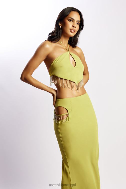 Meshki Jayleen top triangular com abertura de fechadura e franja BLLT1135 roupas verde-amarelado