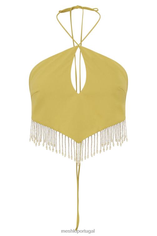 Meshki Jayleen top triangular com abertura de fechadura e franja BLLT1135 roupas verde-amarelado